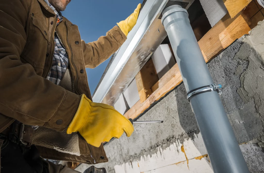 Worker completing gutter installation for enhanced roof maintenance and exterior cleaning service.