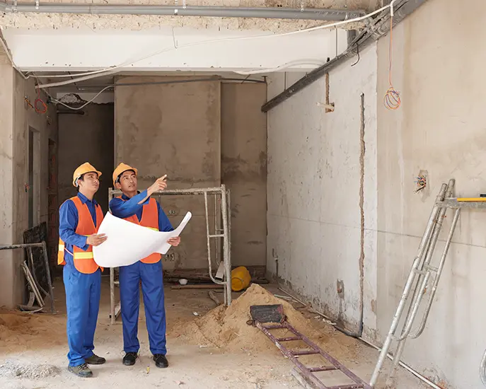 Two construction workers reviewing blueprints during a basement renovation project.