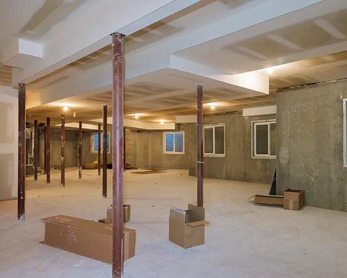 Unfinished basement with structural beams and boxes, prepared for finishing.
