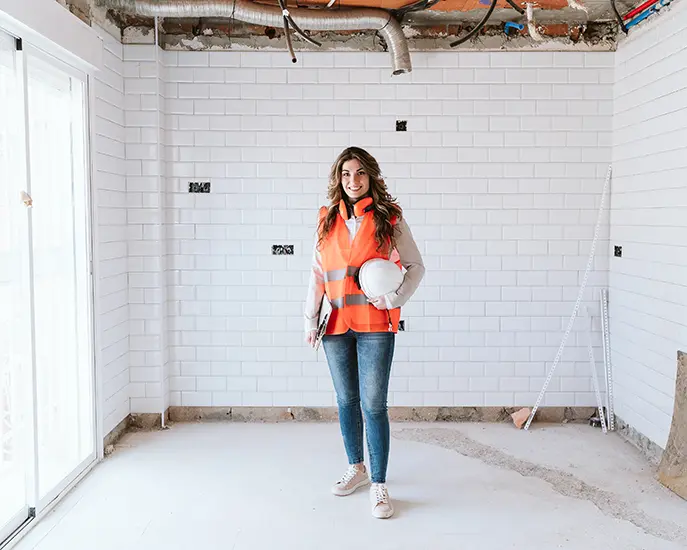 Female contractor standing in a partially finished basement, holding a hard hat.