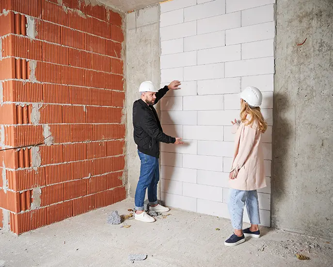 Two workers inspecting wall construction during a basement finishing project.