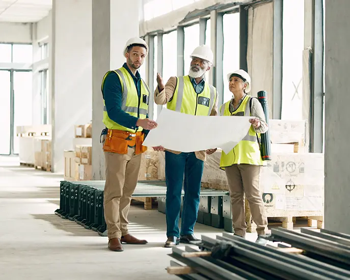 Construction team reviewing blueprints at a commercial remodeling site.
