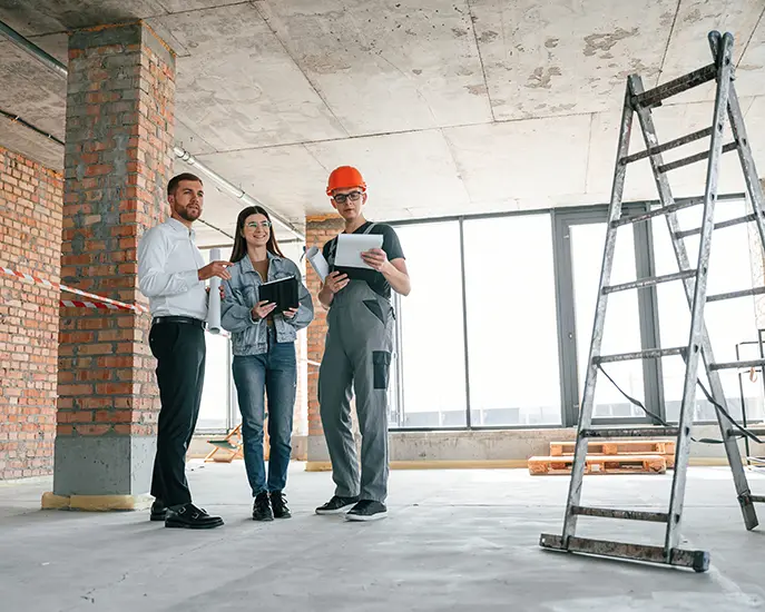 Team discussing a commercial remodeling plan at a construction site.