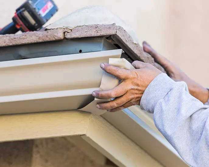 Worker installing a gutter on the edge of a roof during a gutter installation project.