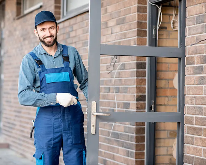 Professional installer smiling while fitting an exterior door at a brick house.