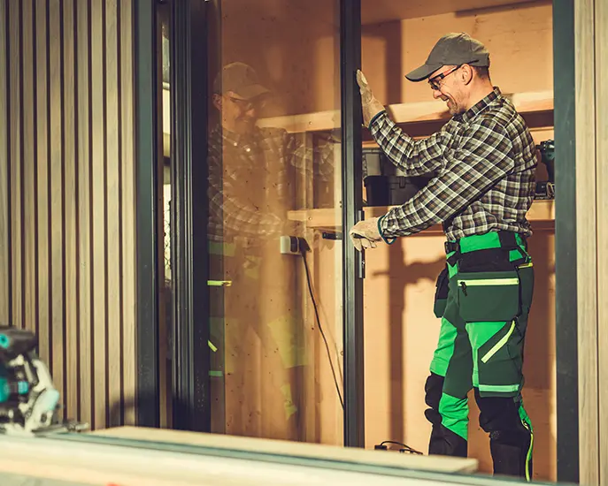 Skilled professional installing an exterior sliding glass door at a modern home.
