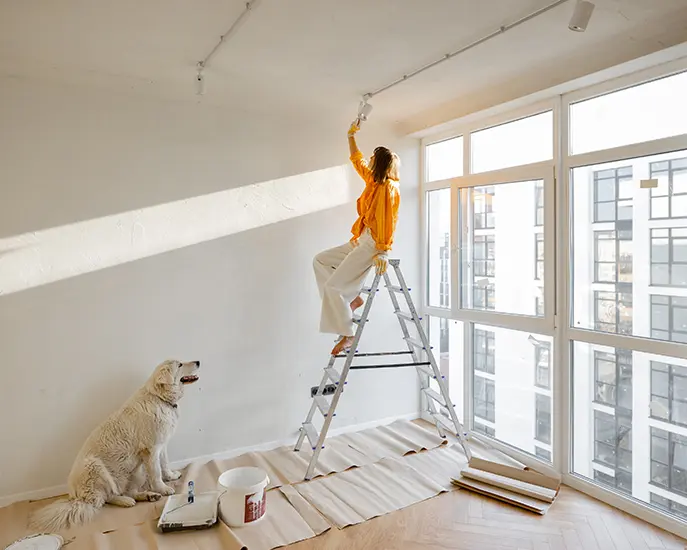 Person painting a ceiling in a bright living room with a dog sitting nearby.