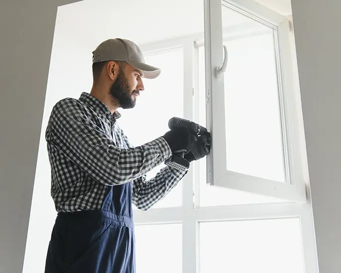 Worker using a drill to install a window in a residential home.