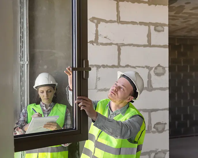Two workers inspecting a window during installation at a construction site.