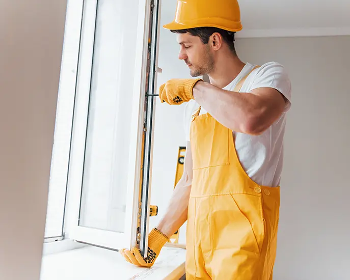 Construction worker installing a new window frame during a residential window installation project.