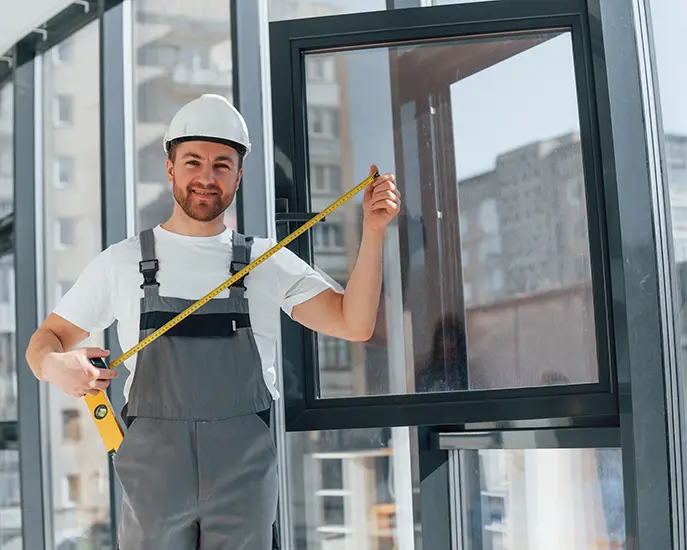Worker measuring a window frame for a new window installation.