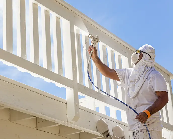Professional exterior painter spraying white paint on a deck railing.