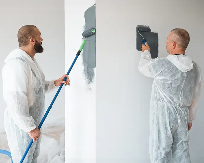 Two professional painters in protective suits applying dark gray paint to interior walls.