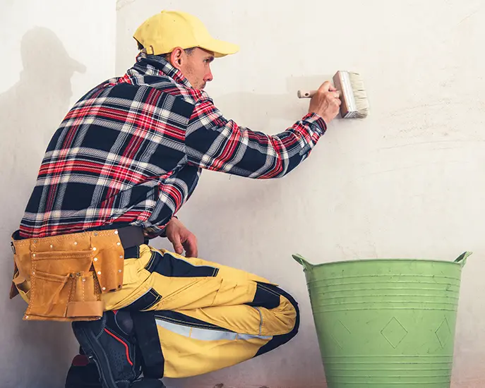 Painter in yellow work pants and cap preparing a wall surface with a brush before painting